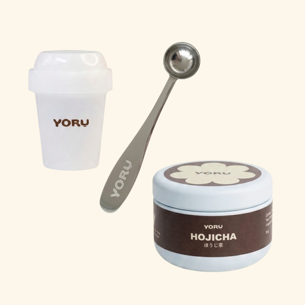 YORUCHA Starter Set – Hojicha Pulver 24g + Mini Shaker + Messlöffel