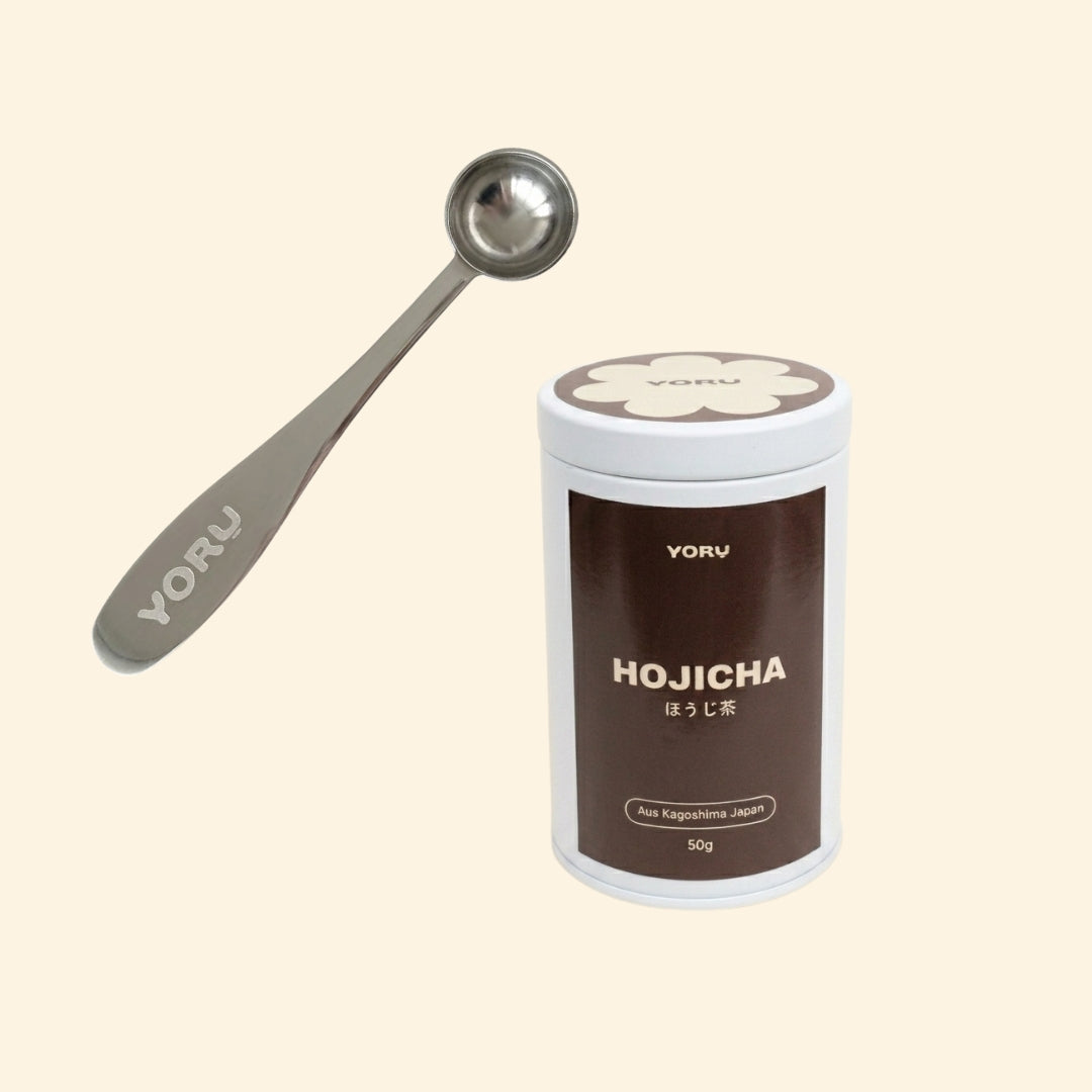 YORUCHA Lover Set – Hojicha Pulver 50g Messlöffel zusammen