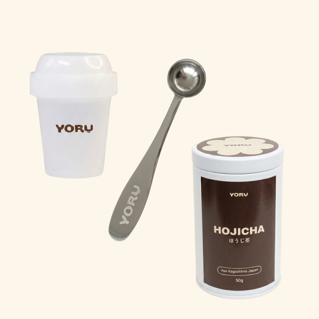 YORUCHA Lover Set – Hojicha Pulver 50g Mini Shaker und Messlöffel zusammen